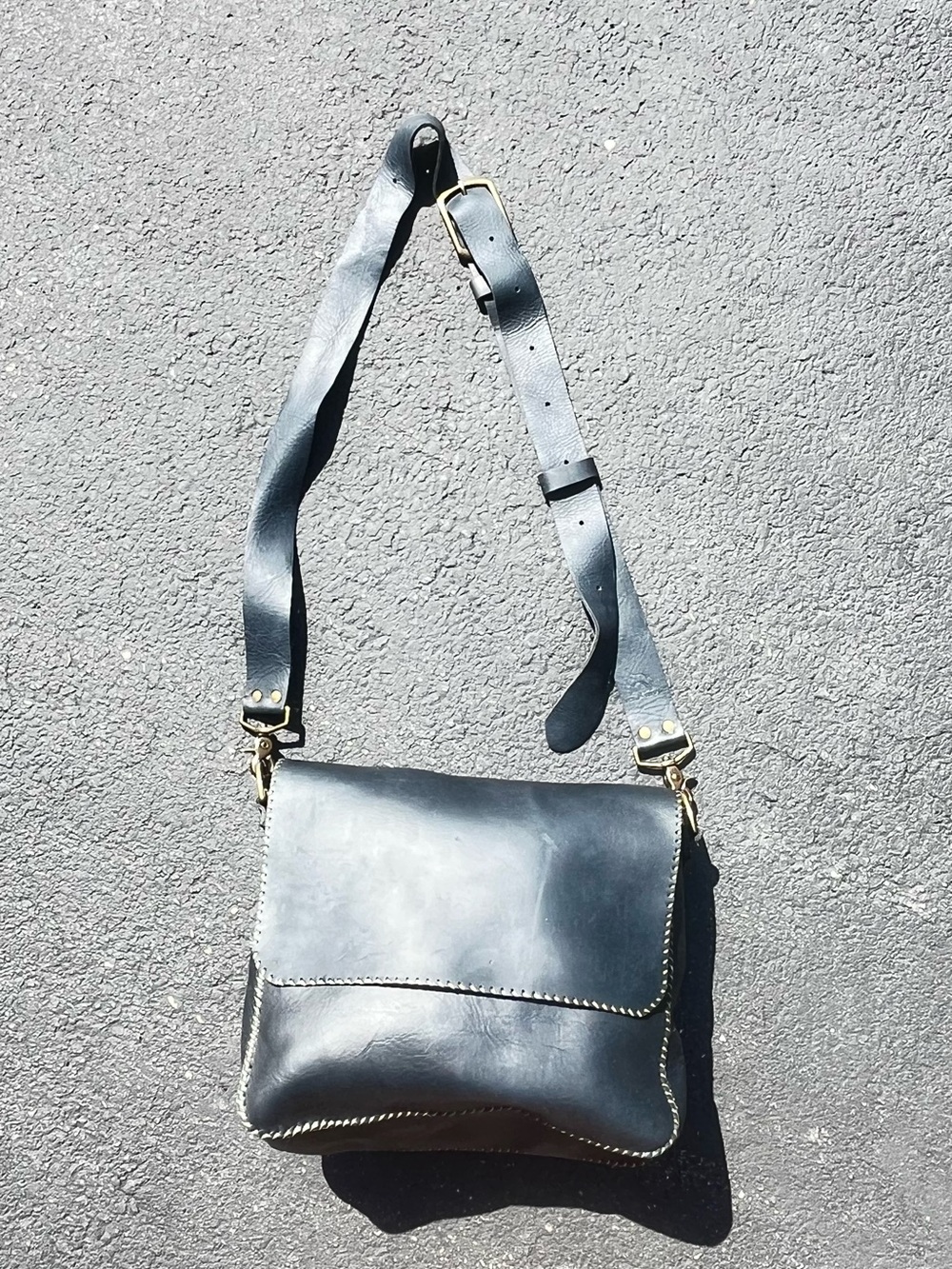 Wolf River Hand Stiched Organic Custom Made Classic Black Leather Crossbody Bag